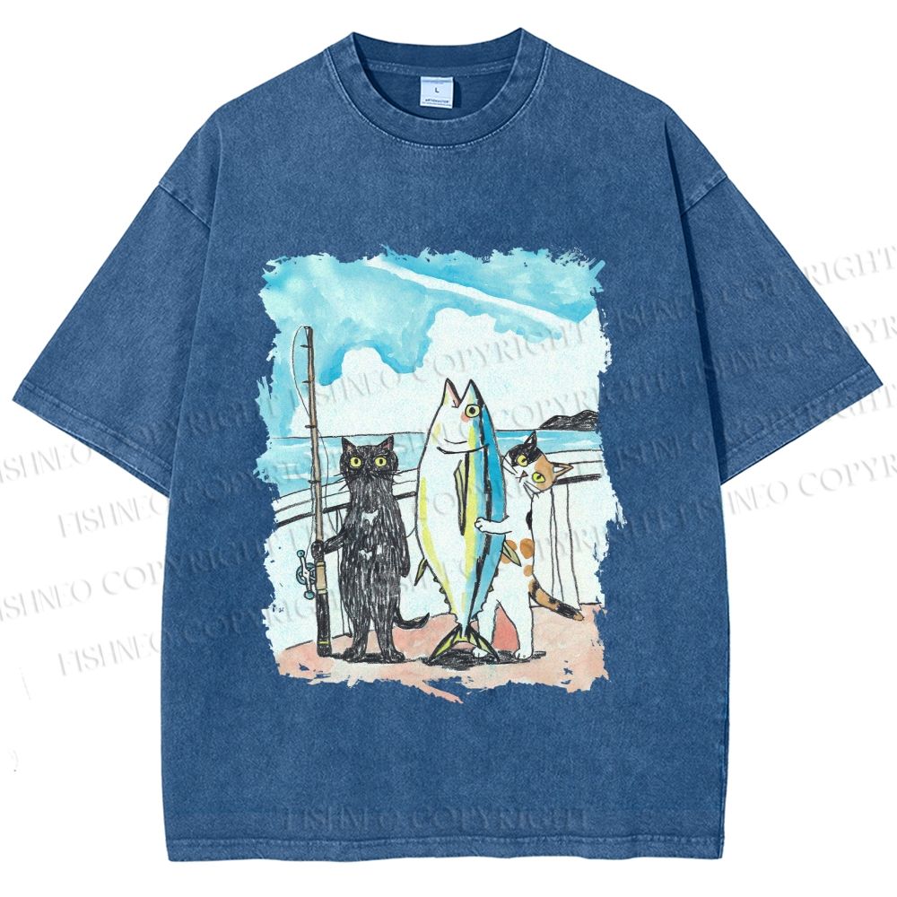 Unisex Cats Go Fishing Printed Washed Tee