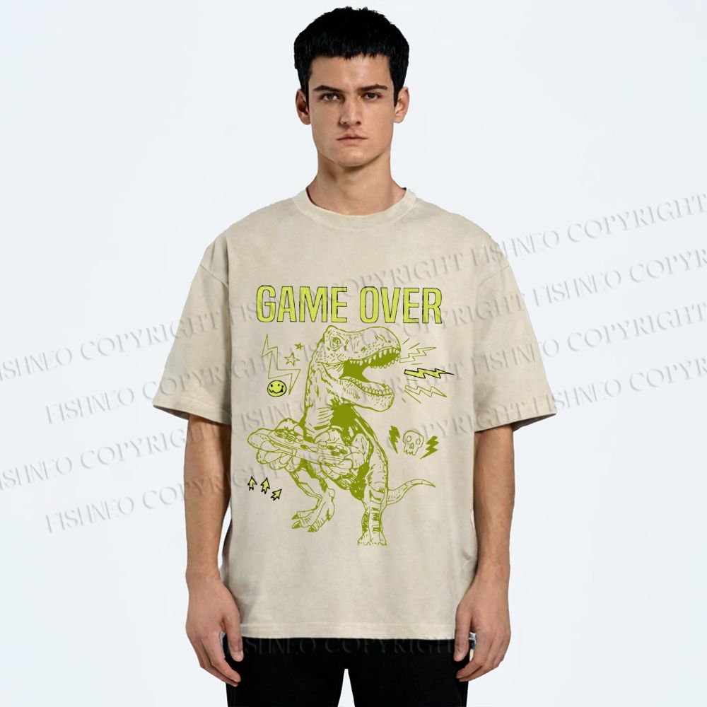 Unisex Tyrannosaurus rex Game Over Printed Washed Tee