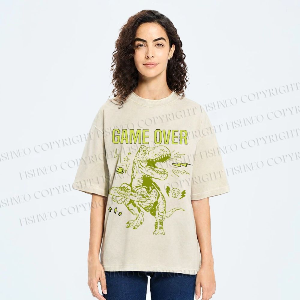 Unisex Tyrannosaurus rex Game Over Printed Washed Tee