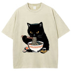 Cat Eating Favorite Ramen Washed T-Shirt