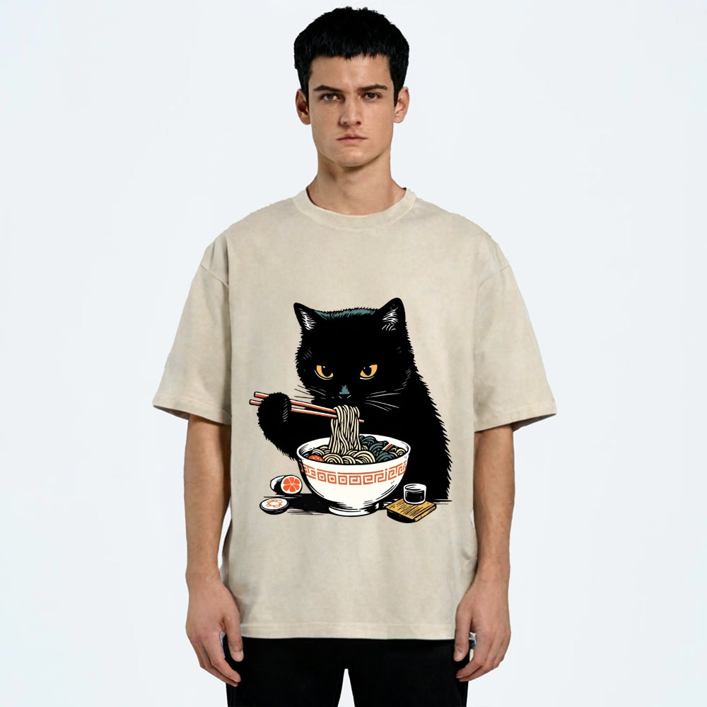 Cat Eating Favorite Ramen Washed T-Shirt