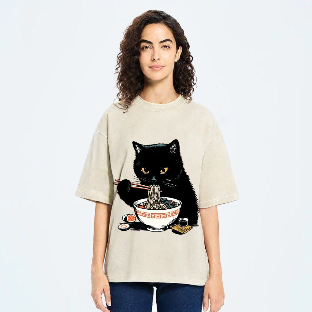 Cat Eating Favorite Ramen Washed T-Shirt