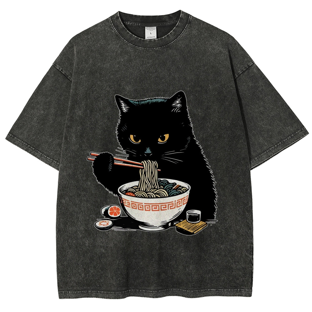 Cat Eating Favorite Ramen Washed T-Shirt