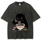 Cat Eating Favorite Ramen Washed T-Shirt