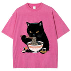 Cat Eating Favorite Ramen Washed T-Shirt