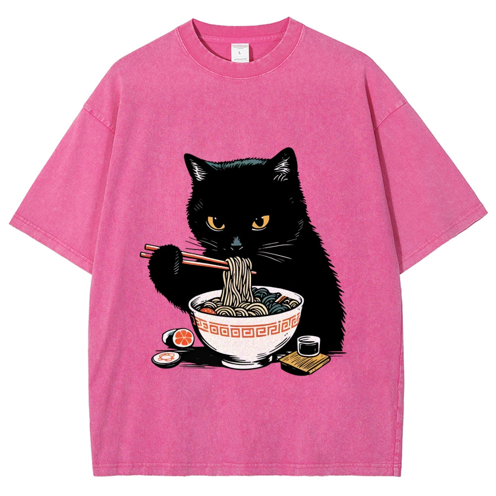 Cat Eating Favorite Ramen Washed T-Shirt
