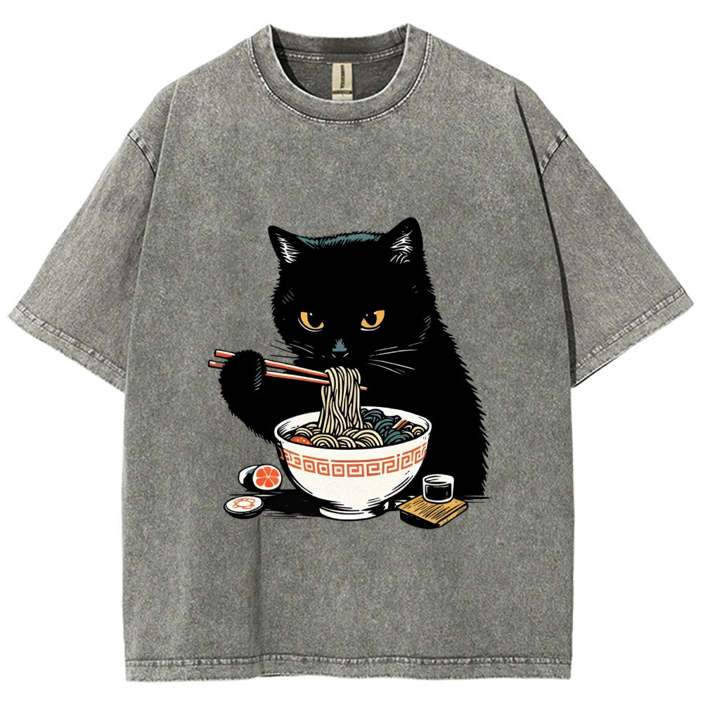 Cat Eating Favorite Ramen Washed T-Shirt