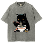 Cat Eating Favorite Ramen Washed T-Shirt