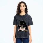 Cat Eating Favorite Ramen Washed T-Shirt