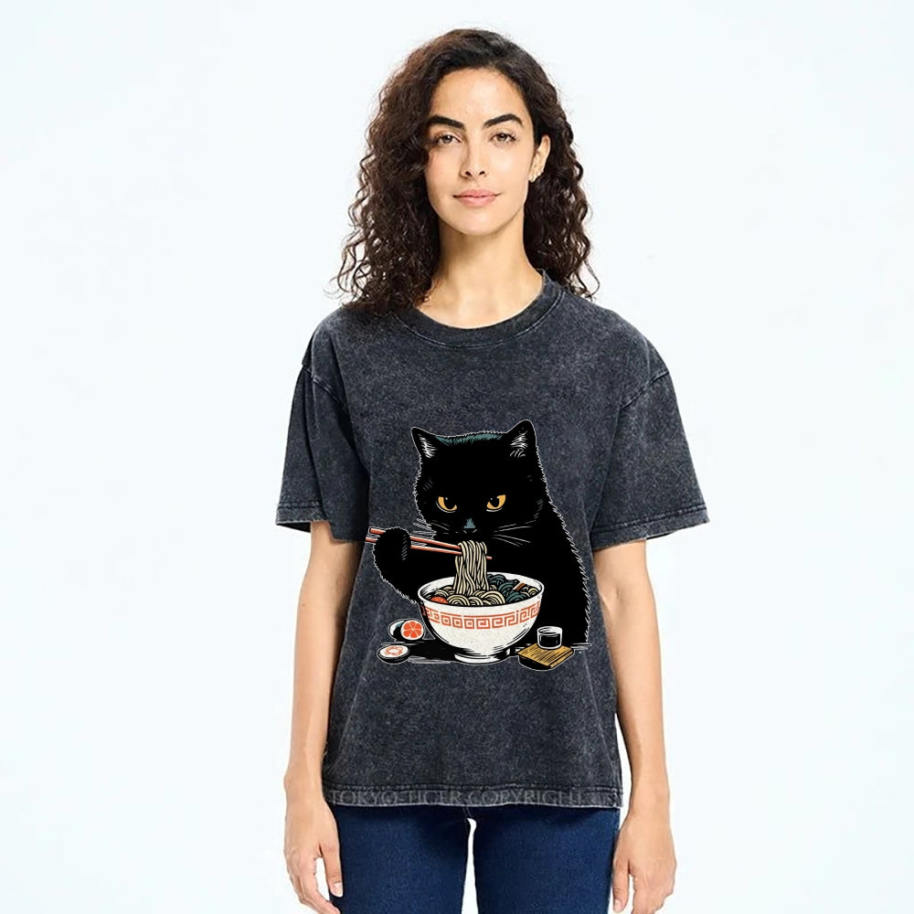 Cat Eating Favorite Ramen Washed T-Shirt
