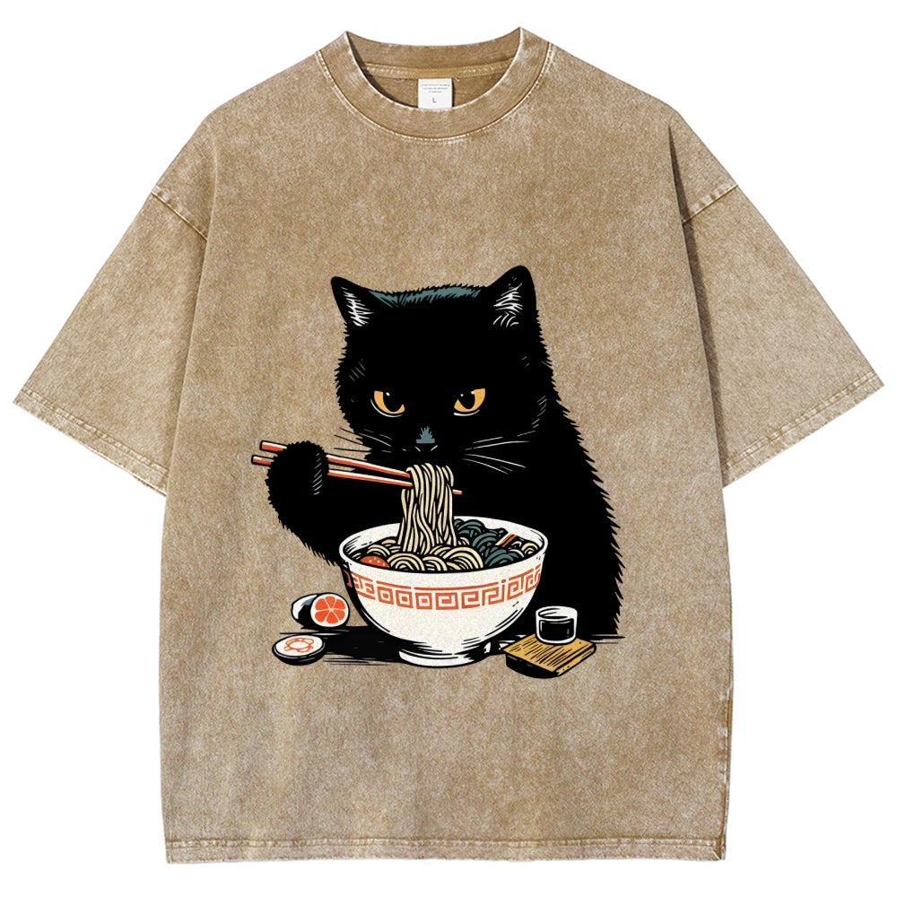 Cat Eating Favorite Ramen Washed T-Shirt