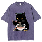 Cat Eating Favorite Ramen Washed T-Shirt