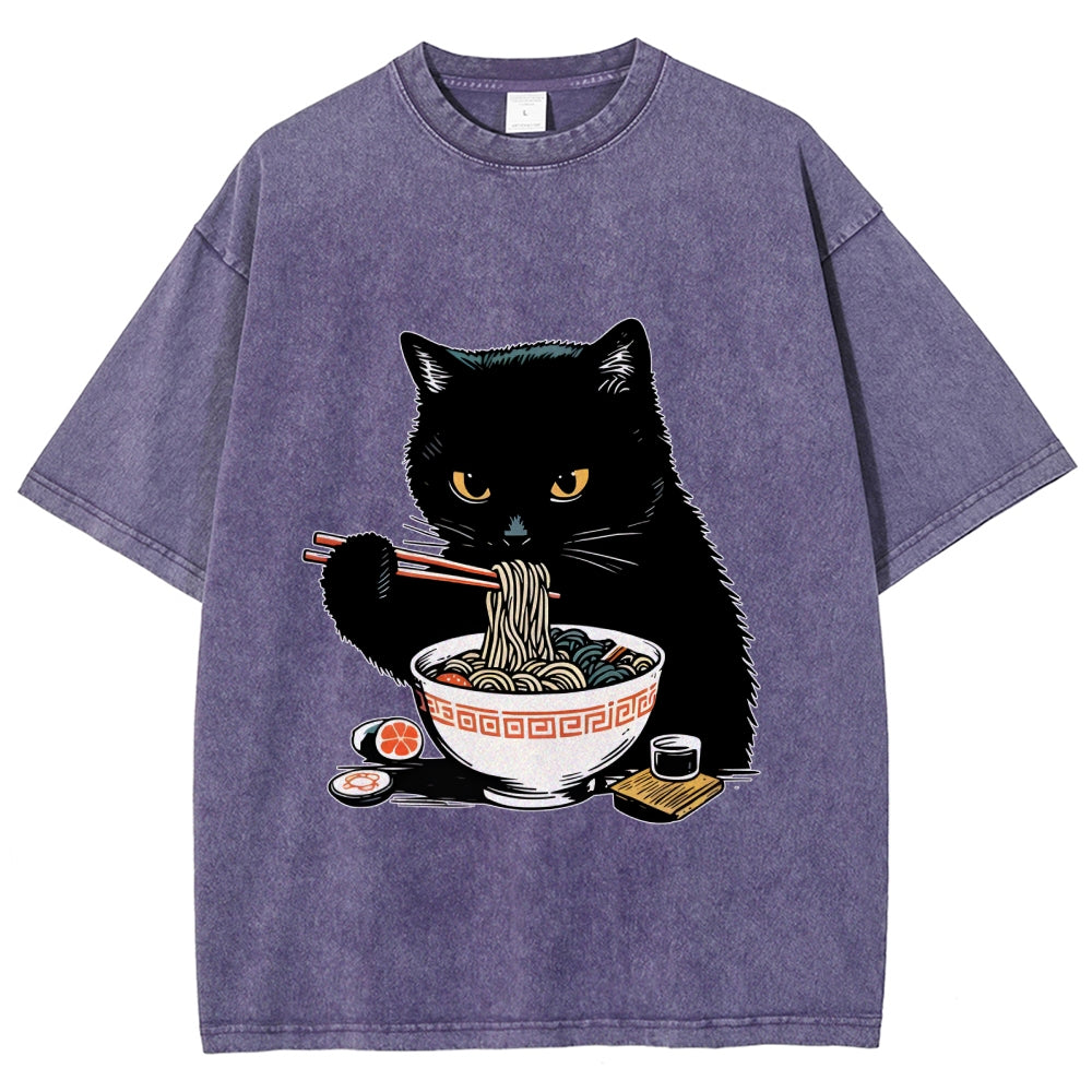 Cat Eating Favorite Ramen Washed T-Shirt