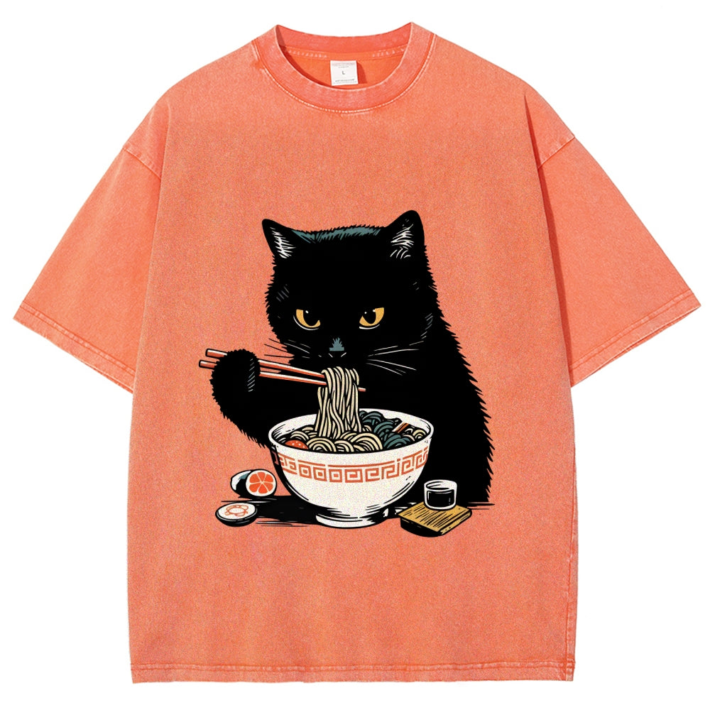 Cat Eating Favorite Ramen Washed T-Shirt