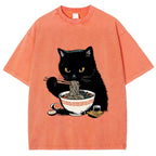 Cat Eating Favorite Ramen Washed T-Shirt