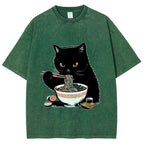 Cat Eating Favorite Ramen Washed T-Shirt
