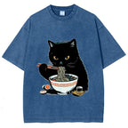 Cat Eating Favorite Ramen Washed T-Shirt