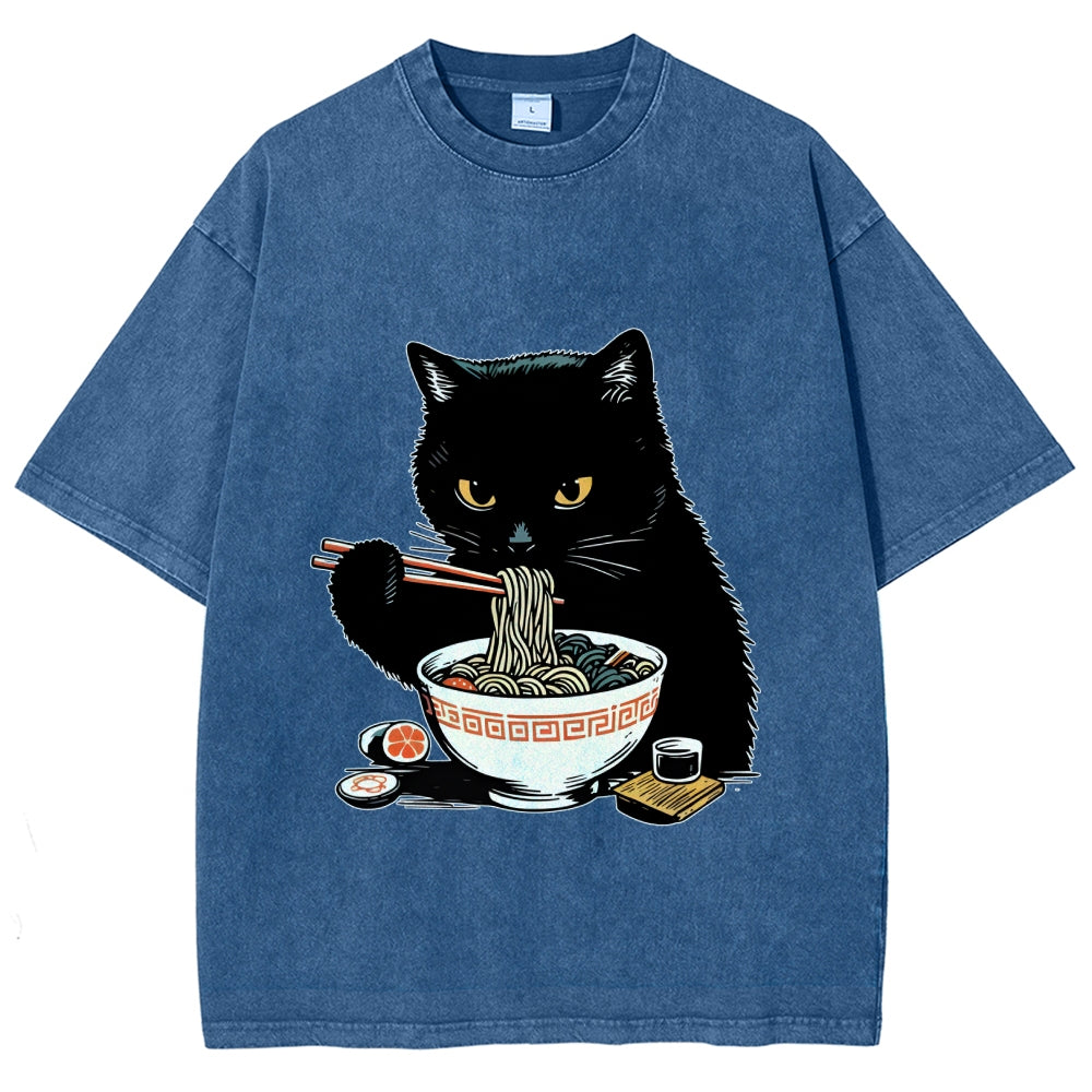 Cat Eating Favorite Ramen Washed T-Shirt