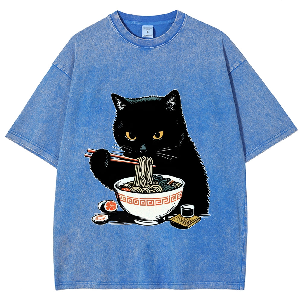 Cat Eating Favorite Ramen Washed T-Shirt