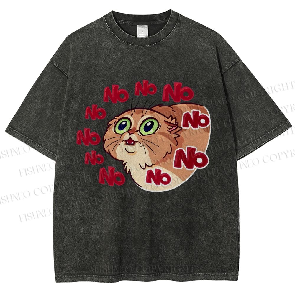 Unisex No Cartoon Cat Printed Washed Tee