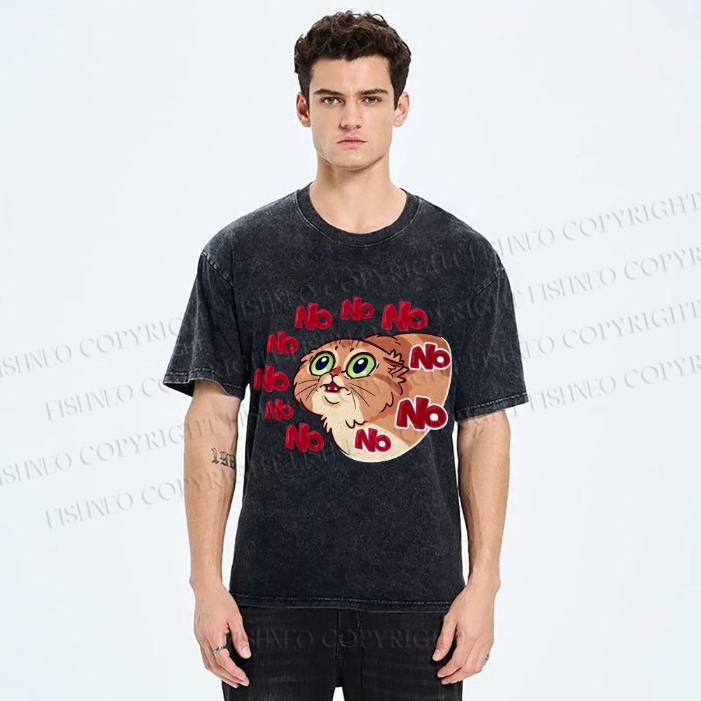 Unisex No Cartoon Cat Printed Washed Tee