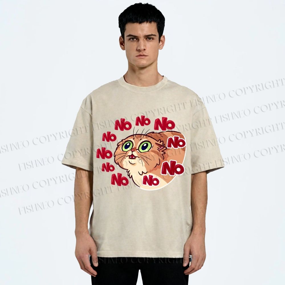 Unisex No Cartoon Cat Printed Washed Tee