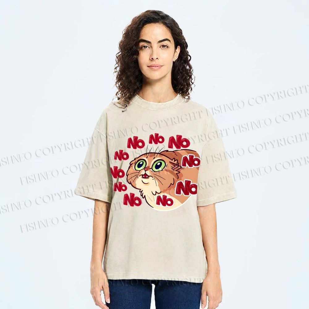 Unisex No Cartoon Cat Printed Washed Tee