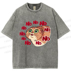 Unisex No Cartoon Cat Printed Washed Tee