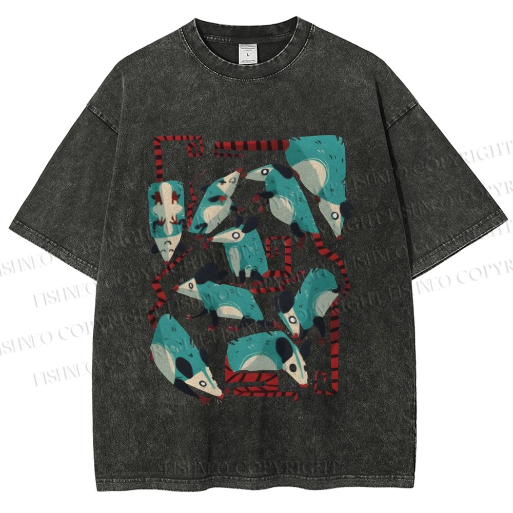 Unisex Blue Opossums Printed Washed Tee