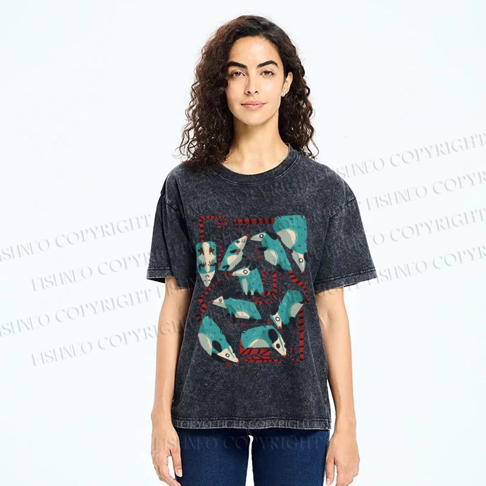 Unisex Blue Opossums Printed Washed Tee
