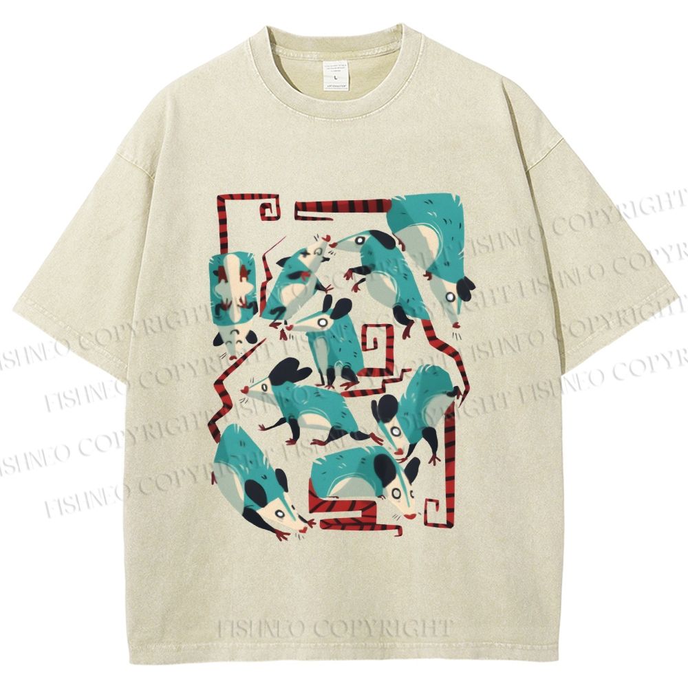 Unisex Blue Opossums Printed Washed Tee