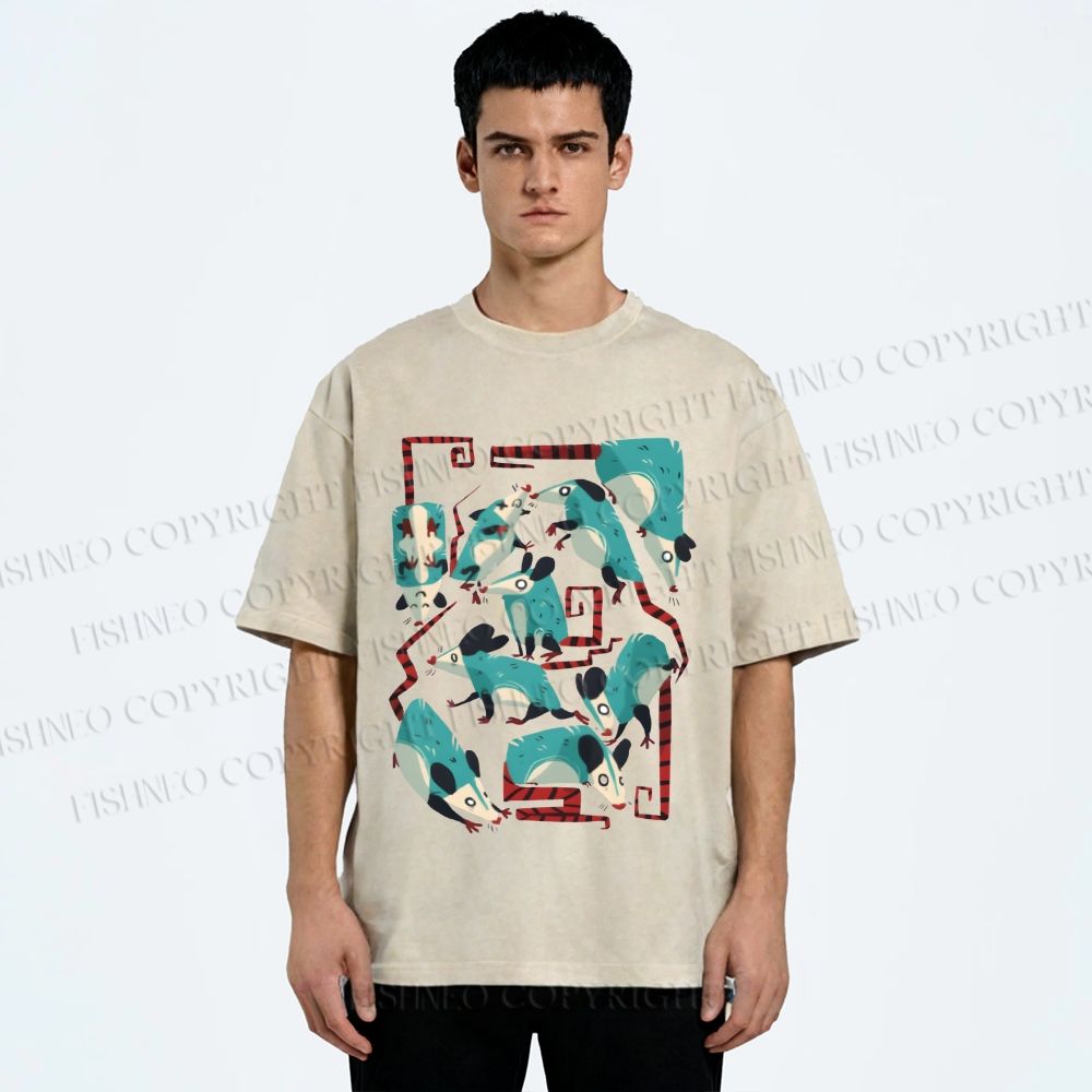 Unisex Blue Opossums Printed Washed Tee