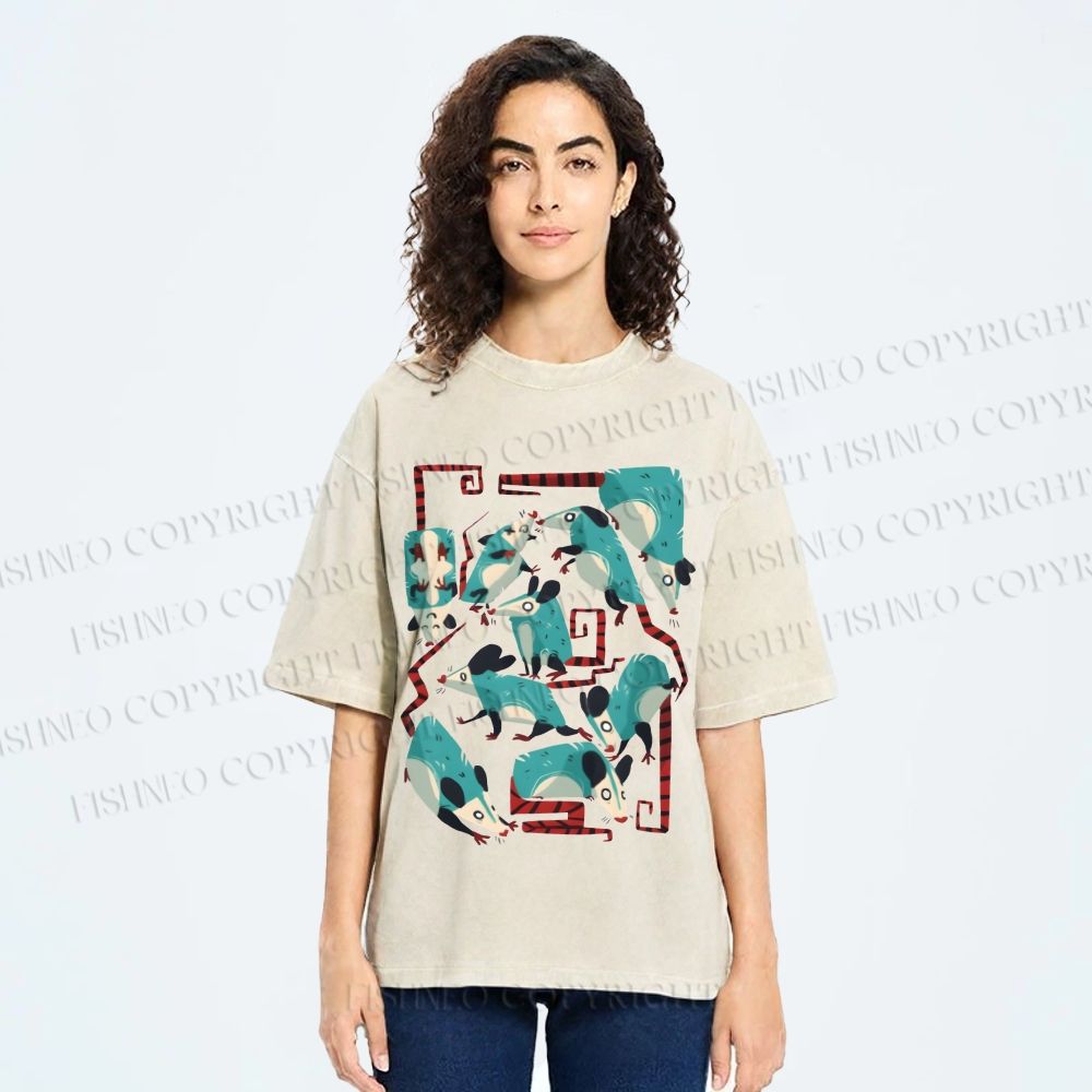 Unisex Blue Opossums Printed Washed Tee