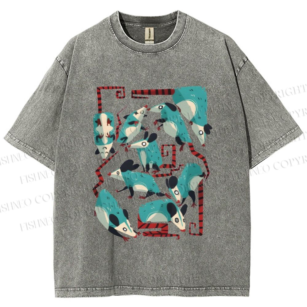 Unisex Blue Opossums Printed Washed Tee