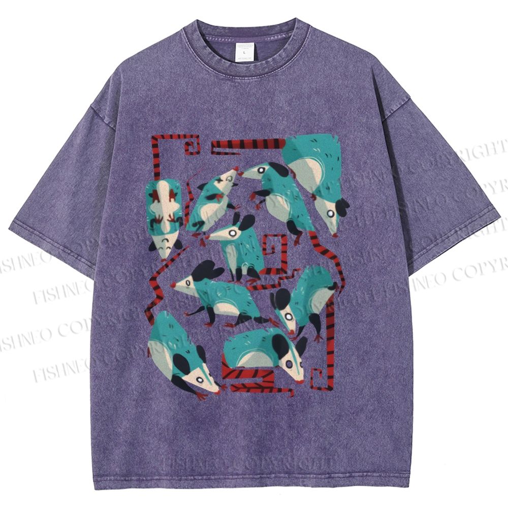 Unisex Blue Opossums Printed Washed Tee