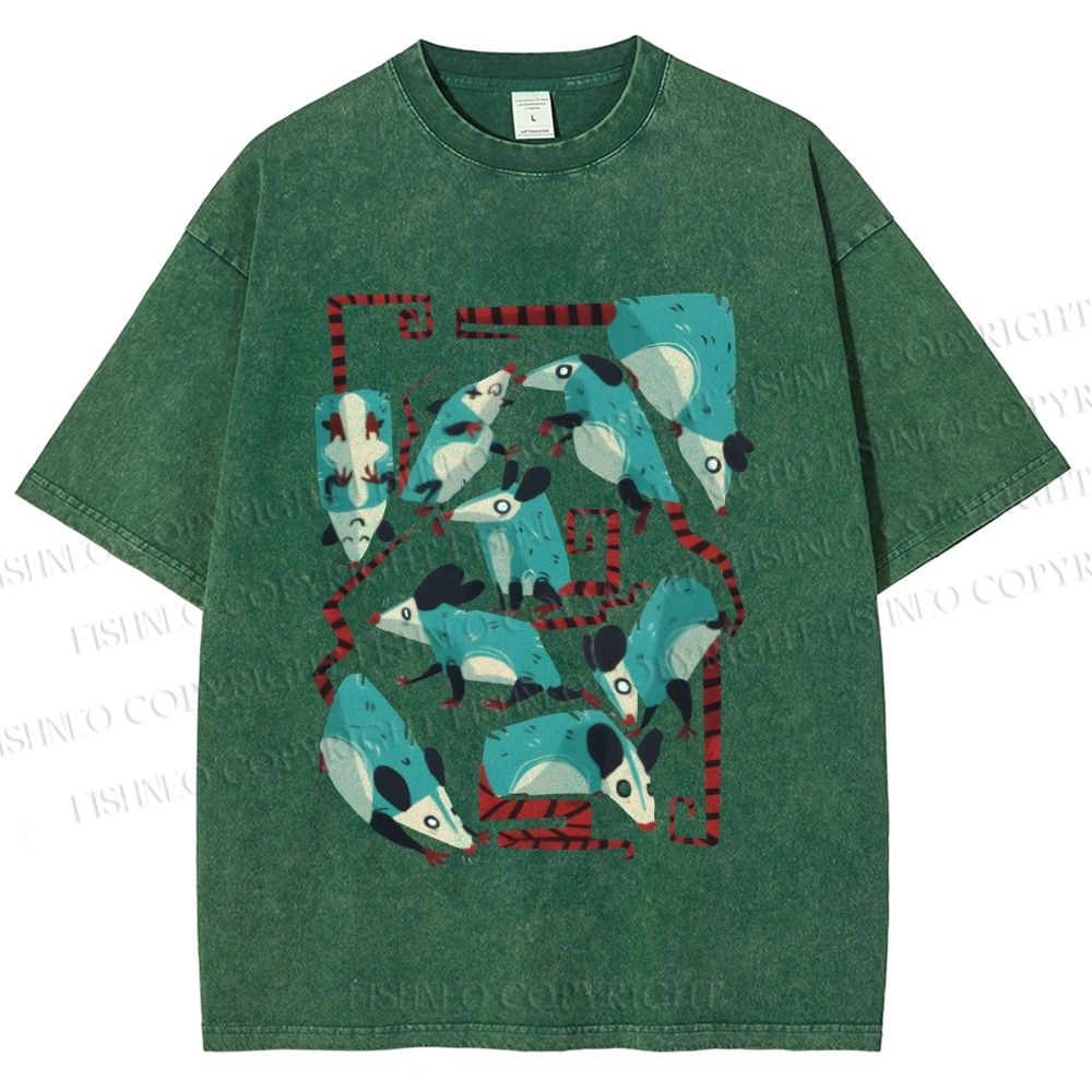 Unisex Blue Opossums Printed Washed Tee