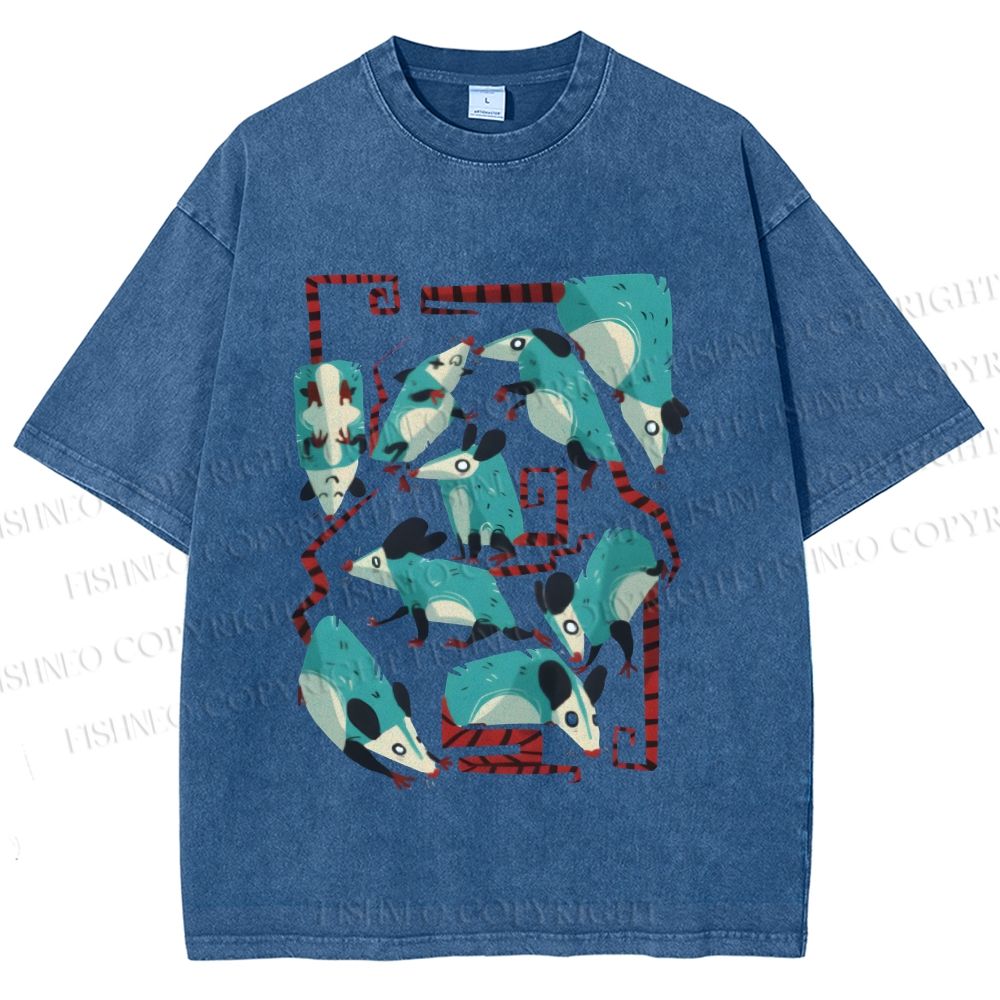 Unisex Blue Opossums Printed Washed Tee