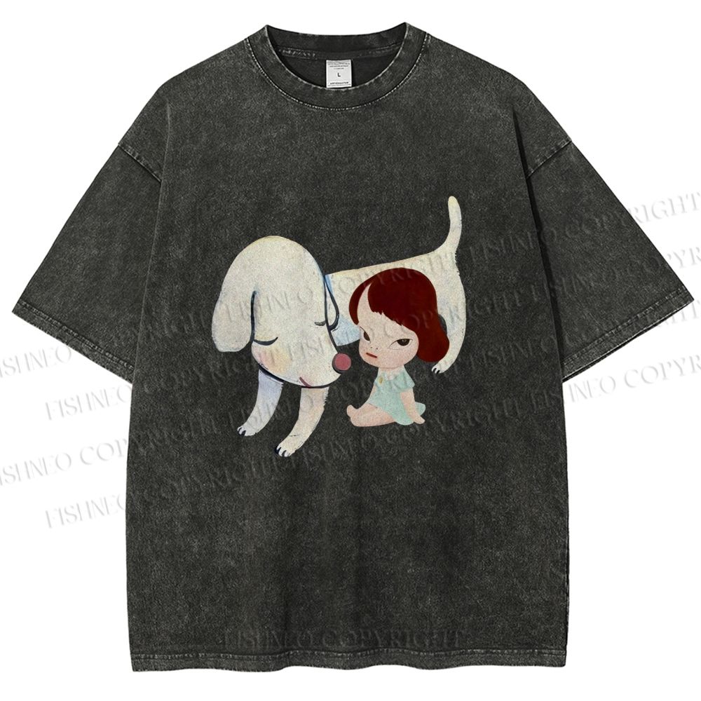 Unisex Yoshitomo Nara Dog Printed Washed Tee