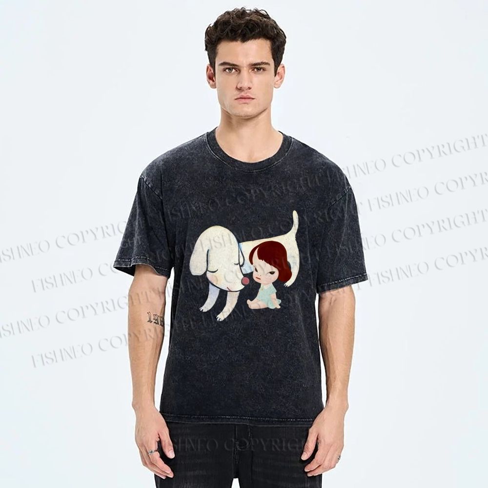 Unisex Yoshitomo Nara Dog Printed Washed Tee