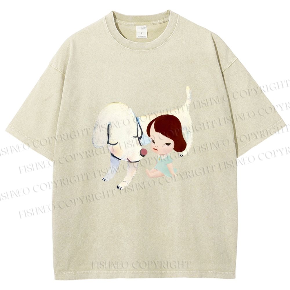 Unisex Yoshitomo Nara Dog Printed Washed Tee
