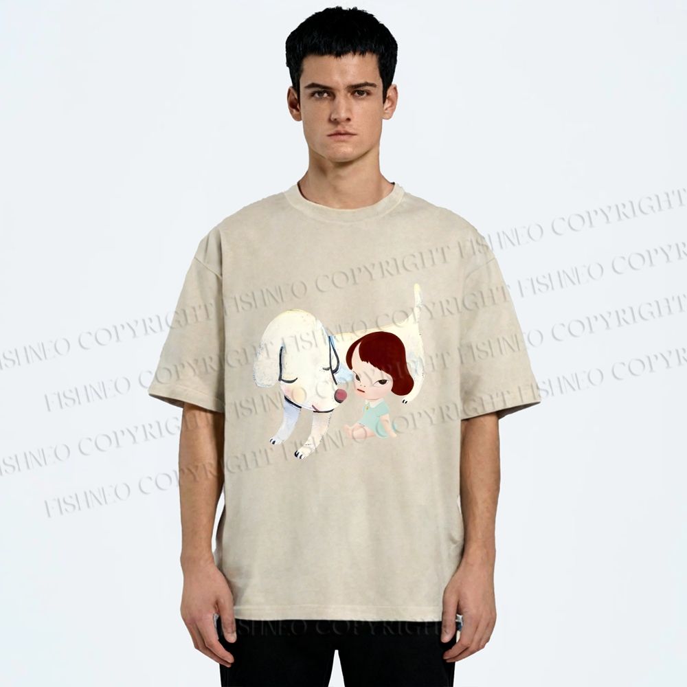 Unisex Yoshitomo Nara Dog Printed Washed Tee
