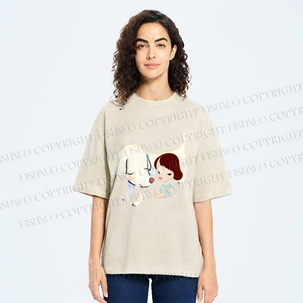 Unisex Yoshitomo Nara Dog Printed Washed Tee
