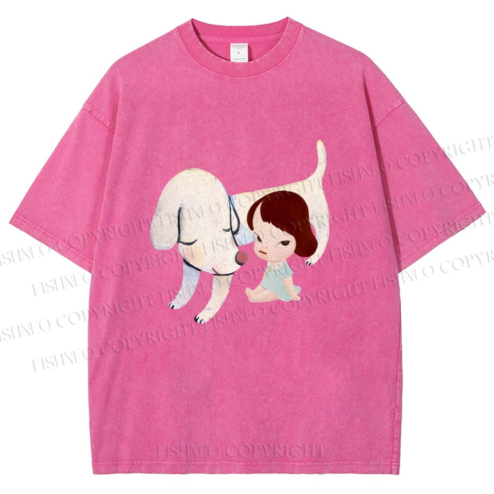 Unisex Yoshitomo Nara Dog Printed Washed Tee