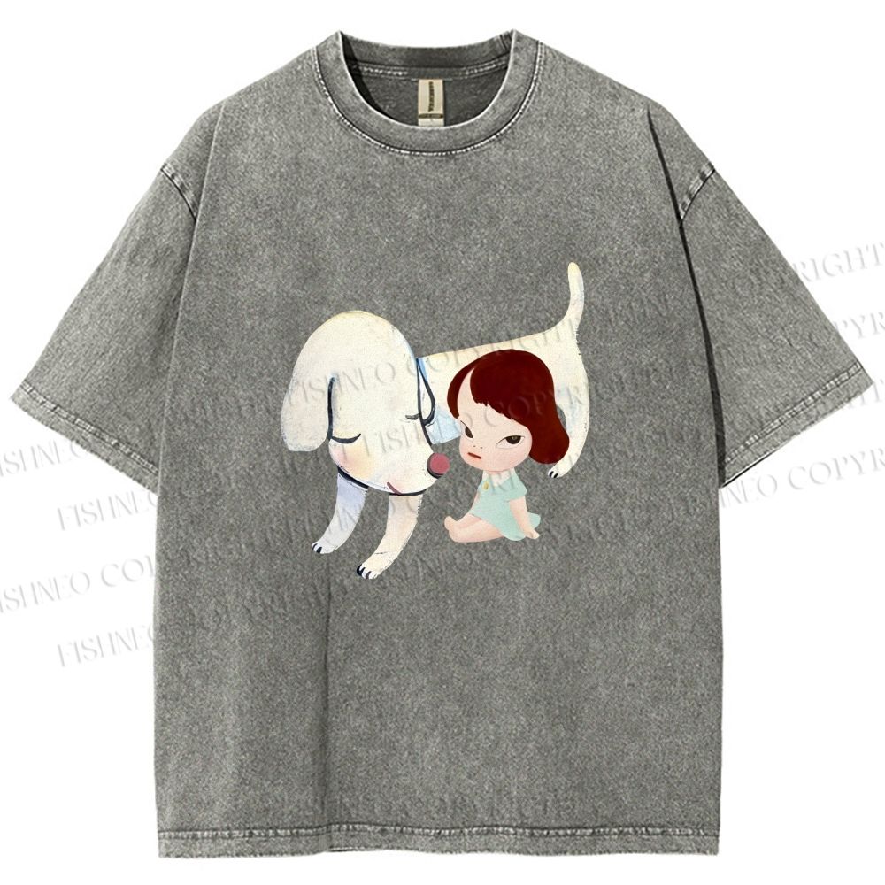 Unisex Yoshitomo Nara Dog Printed Washed Tee