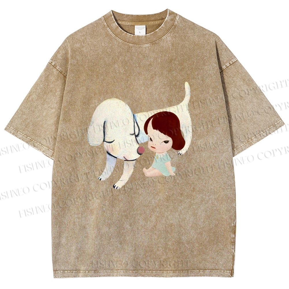Unisex Yoshitomo Nara Dog Printed Washed Tee