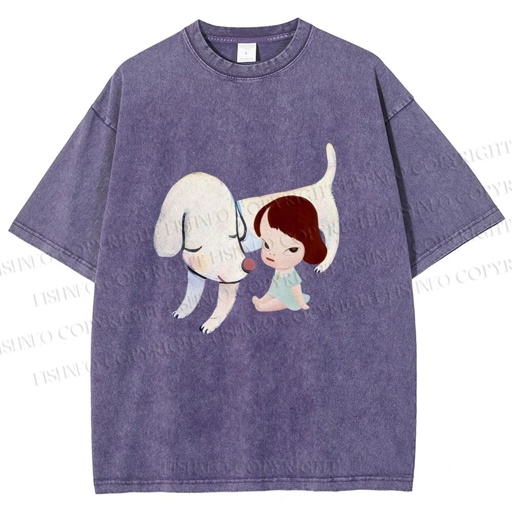 Unisex Yoshitomo Nara Dog Printed Washed Tee