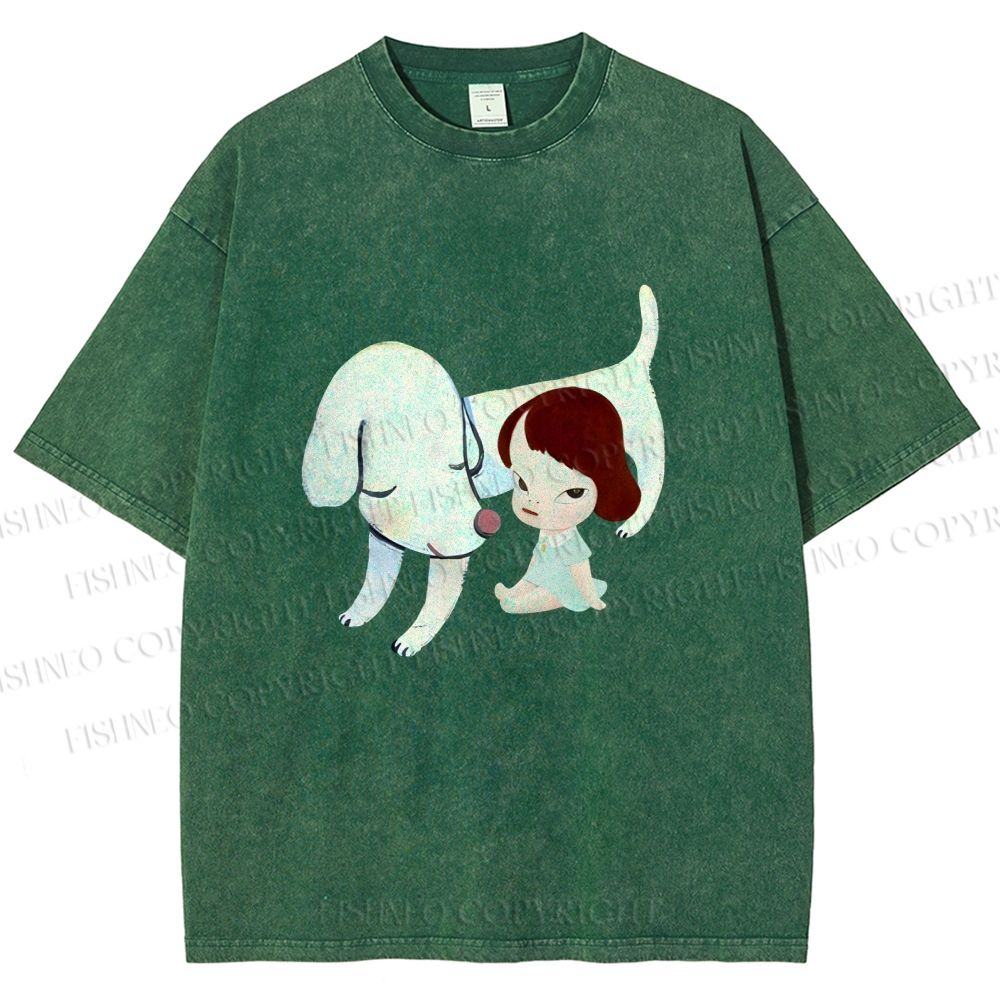 Unisex Yoshitomo Nara Dog Printed Washed Tee