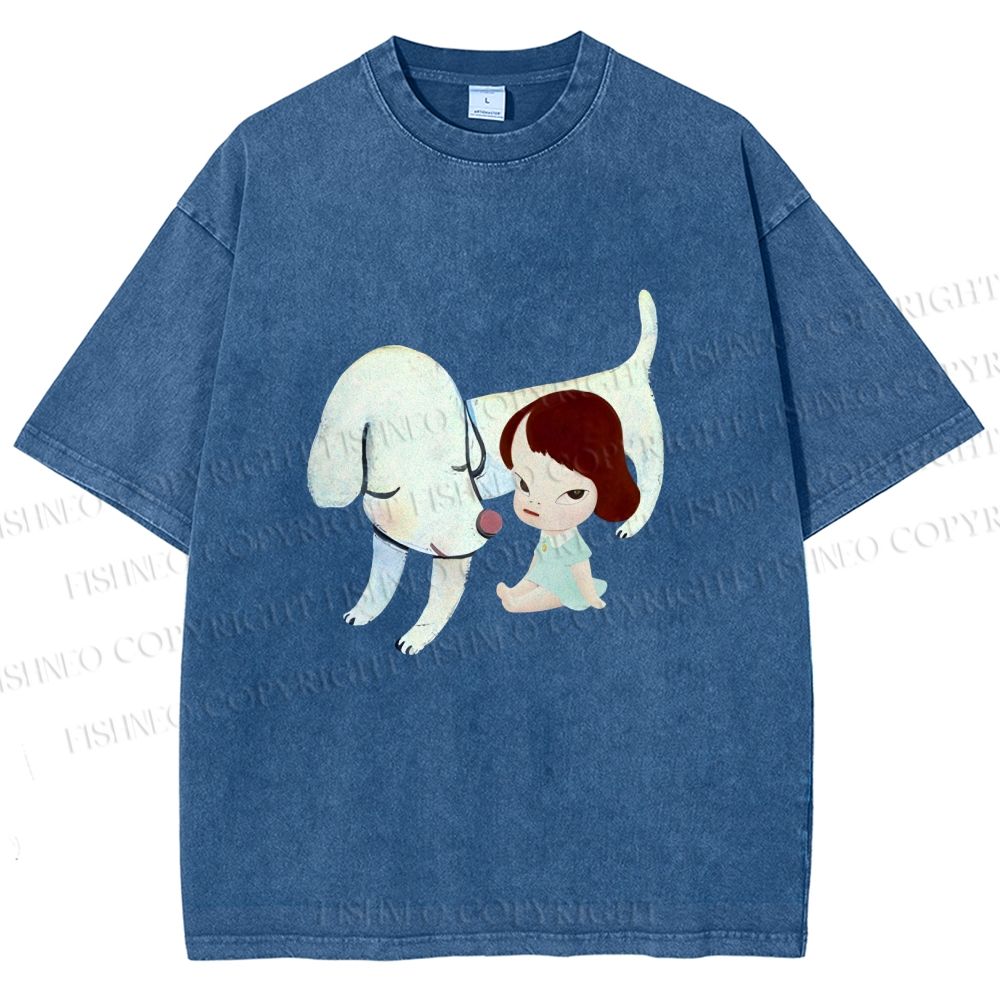 Unisex Yoshitomo Nara Dog Printed Washed Tee