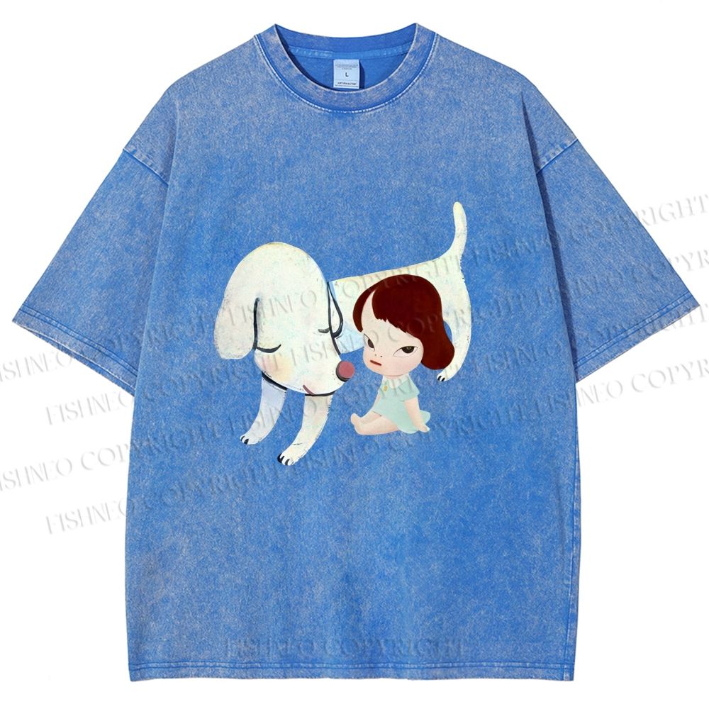 Unisex Yoshitomo Nara Dog Printed Washed Tee