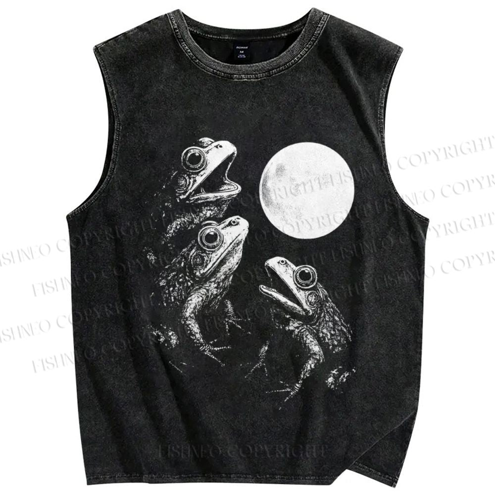 Unisex Frogs Howling To Moon Vintage Printed Washed Tank Top